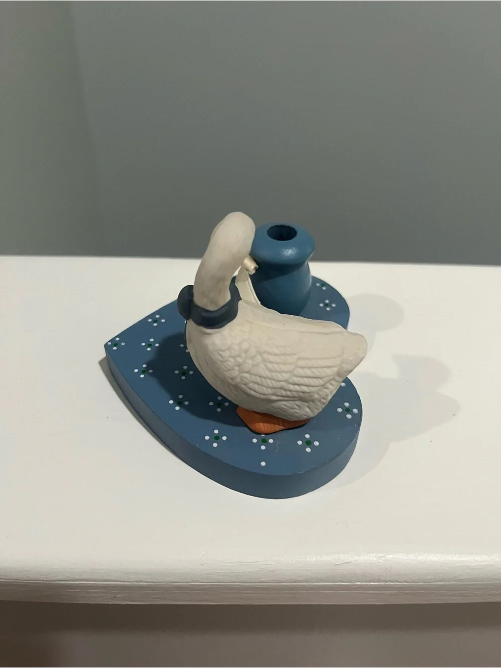 Cottagecore 1988 candle holder goose with bow Blue Heart Duck Figurine with Bow
